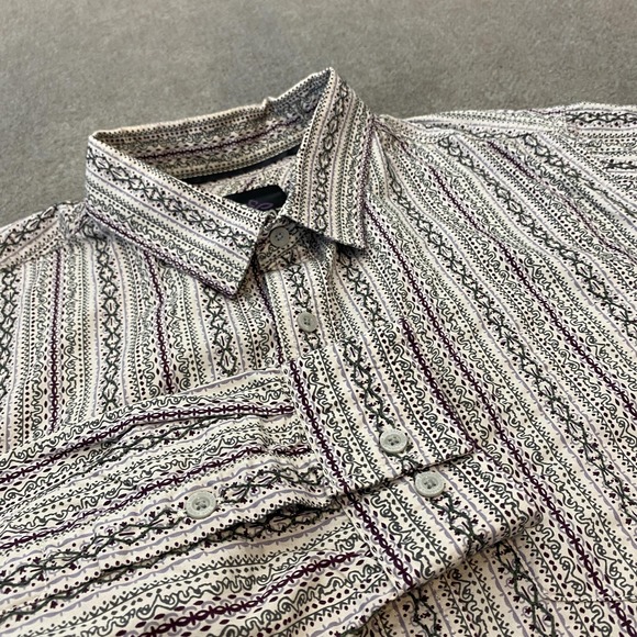 Prana Shirt Mens Large White Purple Black Button Aztec Stiched Boho Pattern - Picture 1 of 9